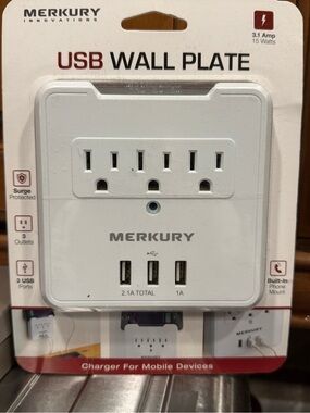 Merkury White USB Wall Plate Charger with 3 Outlets and 3 USB Ports